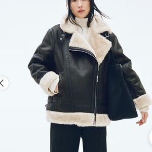 H&M Black Leather Jacket with Cream Details